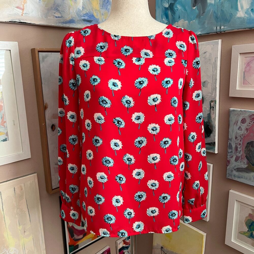 J.Crew‎ Red Floral Long Sleeve Floral Print Blouse Size XS Preppy Spring Retro